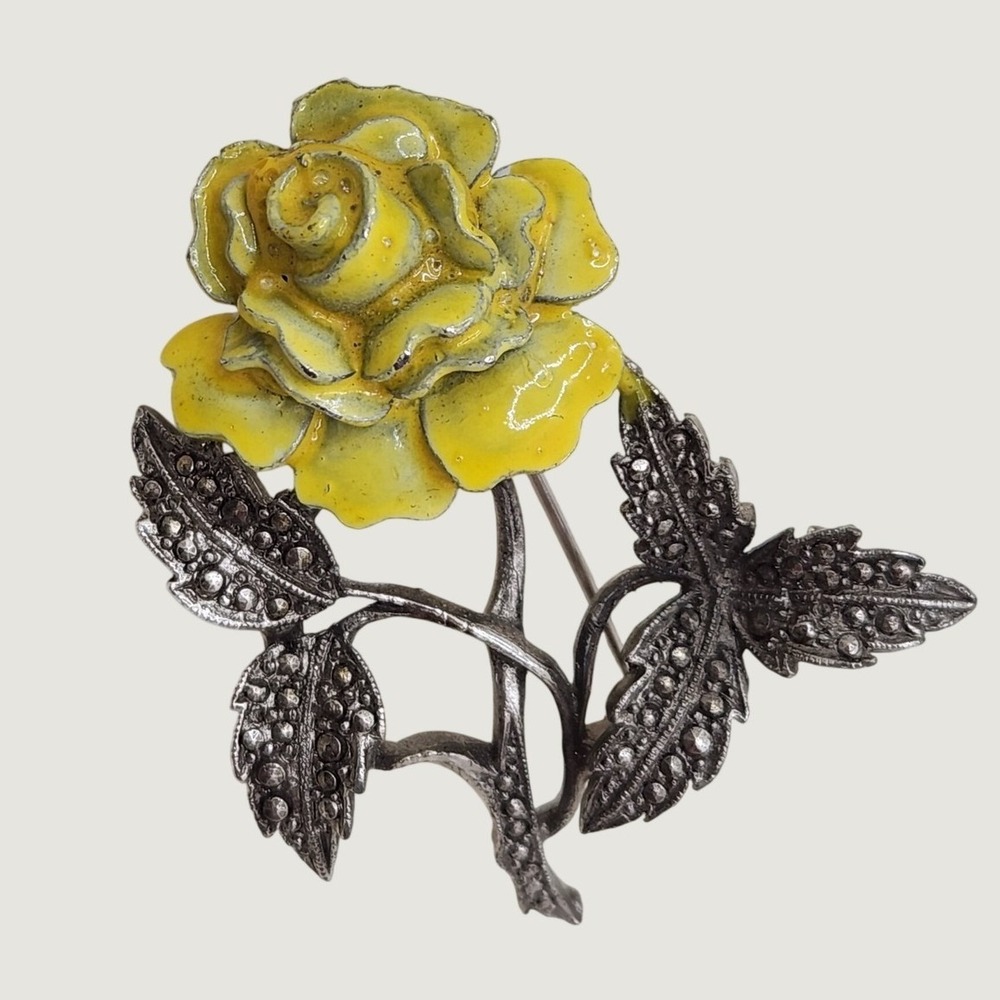 Vintage Yellow Enamel Rose Brooch MCM Silver Tone Floral Leaf Pin 2 Inch